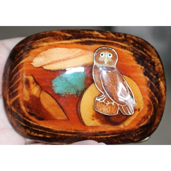 Buckalo Bill Owl Inlay Belt Buckle Wood Stone Vintage Western Wildlife Outdoors